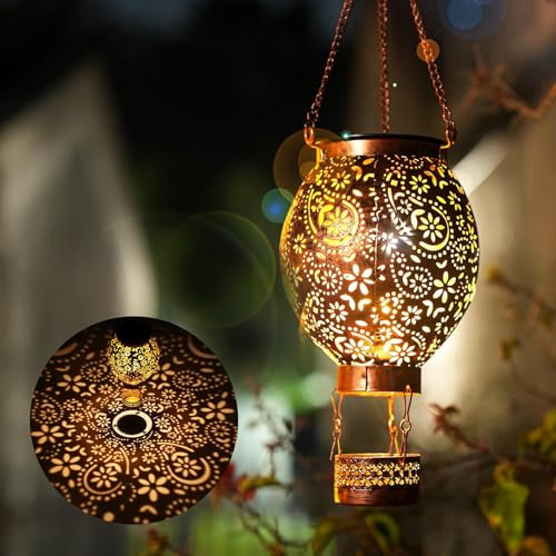 JOYCREATOR Solarlaterne für Außen Hängend, Metall Solar Laternen für Draußen IP65 Wasserdicht , Warmweiß Vintage Solarlampen für Außen Garten Outdoor Balkon Terrassen Weg Weihnachten(Heißluftballon)
