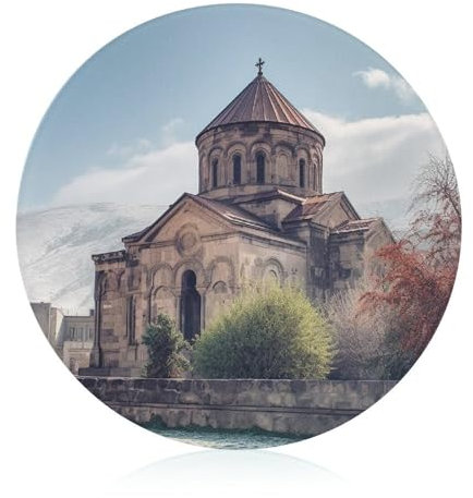 Armenische Kirche Schneidebrett für Küche, rundes Muster, Schneideblock aus gehärtetem Glas, rutschfestes Glasschneidebrett, personalisierte Schneidematten für Zuhause