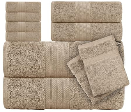 CTL® 8 Piece Towel Set 500 GSM - 2 Bath Towels, 2 Hand Towels and 4 Washcloths & 2 Wash Gloves Free 100% Cotton Hotel Quality Family Pack Towel Bale Set Highly Absorbent (Beige, 8 Piece Bale Set)