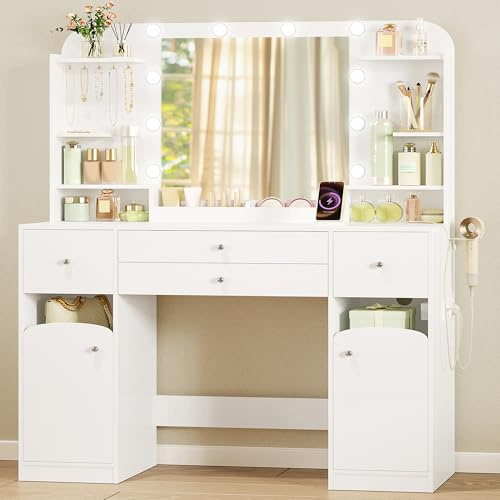 Hzuaneri Schminktisch mit LED-Beleuchtung, mit Stecker und Föhnhalter, große Tischplatte 108 cm, Schminktisch mit 2 großen Schubladen mit Schmuckablage, 2 Schränke, 40 x 108 x 144 cm, Weiß DT41503XEU