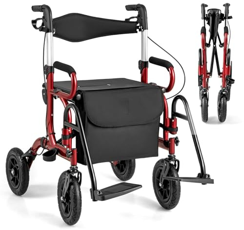 HOMASIS 2 in 1 Rollstuhl Rollator faltbar & leicht mit Sitz, Gehhilfe 6-fach höhenverstellbar, bis 140 kg, Alu Gehwagen mit Luftbereifung, Reiserollator Laufhilfe mit Stockhalter & Tasche (Rot)