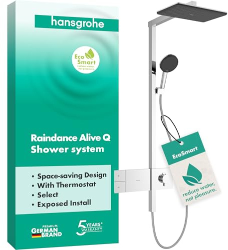 hansgrohe Raindance Alive Q - wassersparendes Duschsystem (EcoSmart) mit Thermostat, Regendusche (340 x 210 mm) mit Armatur, Handbrause, Schlauch, Brausestange und Kopfbrause, Chrom, 24581000