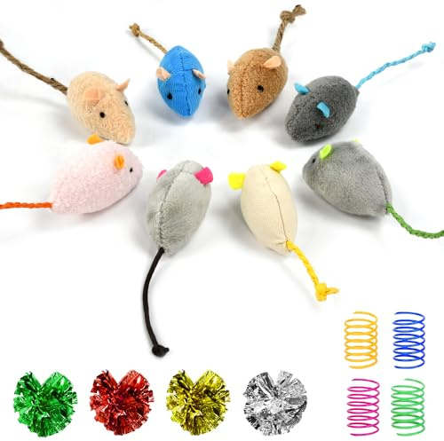 VGECEE 16 Stück Katzenminze Spielzeug Katzenspielzeug Plüsch Maus Set | Spielzeug Katze Interaktives Katzenspielzeug Maus mit Knisterbällen, Spirale & Katzenminze - Zahnreinigung, für Katzen Kitty