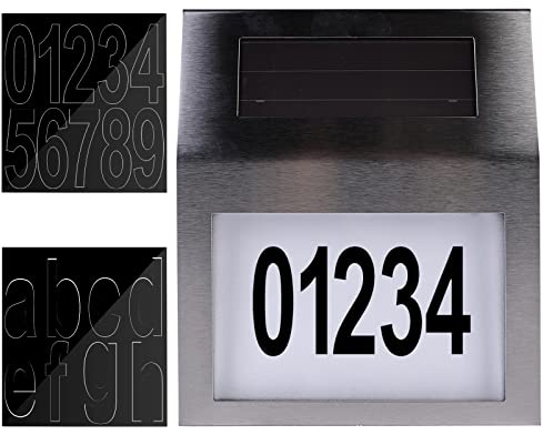 Edelstahl Hausnummer beleuchtete Solar 2 LEDs, Edelstahl Solar Hausnummernleuchte Solarhausnummer LED mit Dämmerungsschalter IP65 Wasserdicht mit Nummern 0-9 & Buchstaben A-Z LED Wandleuchte