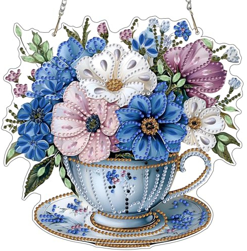 MXJSUA Blumenstrauß Blaue Blumen Diamond Painting Anhänger mit Kette Erwachsene, Diamant Painting Fensterbilder Hängende Ornament Bastelset Set für Wand Und Eingang Decor 20x20CM