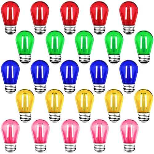 GUILEDUO 25 Pack S14 Colored LED Light Bulb 2 Watt Multi-Color String Light Bulbs Plastic Shatterproof E26 Base LED Filament Outdoor Replacement Christmas Light Bulbs(Red Green Blue Pink Yellow)