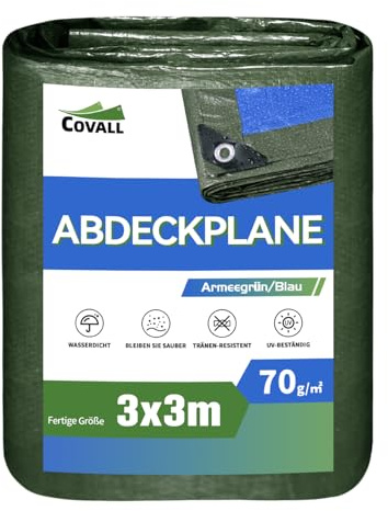 COVALL Telone plastica antipioggia 3x3m, 70g/㎡ telo impermeabile esterno multifunzionale con protezione UV verde/blu, adatto per coperture protettive per auto, coperture antipioggia per esterni