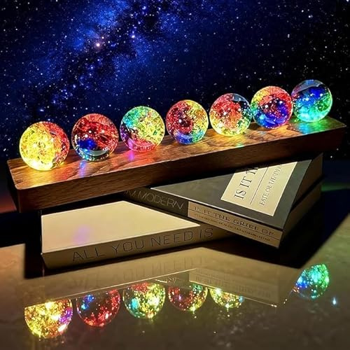 FIYSON 3D Kristallkugel Nachtlicht,USB 40mm GlasKugel Atmosphärenlicht,Sieben Farben Eis Riss LED Ball Lampe,Mit Holzsockel,Projektorlicht, für Weihnachten/Geburtstag Astronomie Geschenk (Stil 6)