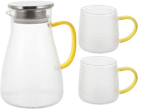 Angoily Juego de Hervidor de Agua de Vidrio Templado 1500Ml Diseño Martillado Resistente al Calor Incluye 2 Tazas de Vidrio Jarra Doméstica para Agua Fría Té y Bebidas