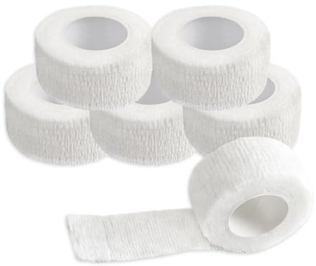 6 Rolls Self Adhesive Bandage Wrap 2.5cm X 4.5m Non-Woven Breathable Tape for Thumb Hand Finger Knee Wound Rock Climbing Weightlifting Golf First Aid Strapping Rugby Lifting Tape White