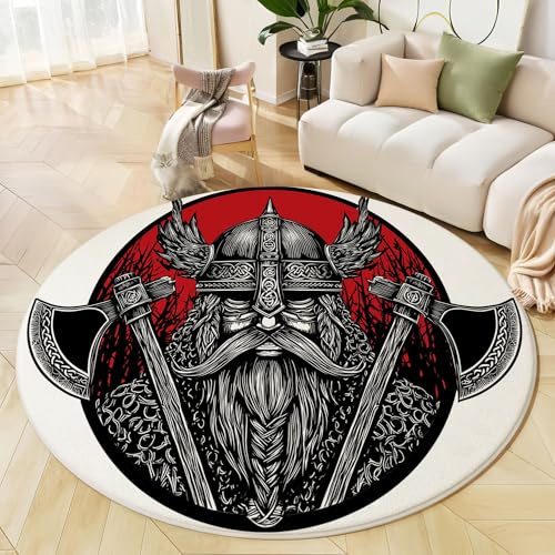 Warrior Axe Print Washable Round Area Rug 5ft, Soft Ultra-Thin Low Pile Black Round Rugs, Non-Slip Viking Tribal Style Circle Carpet for Bedroom Living Room Dining Room Entryway