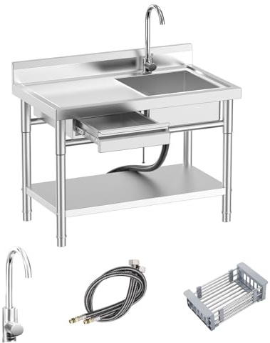 RiveraSink Fregadero Industrial de Acero Inoxidable 100x55x80cm, Mesa Fregadero con Patas de Acero, Cajón y Grifo Extraíble, Fregadero Exterior Jardín para Hostelería y Cocina, Fregaderos Industriales