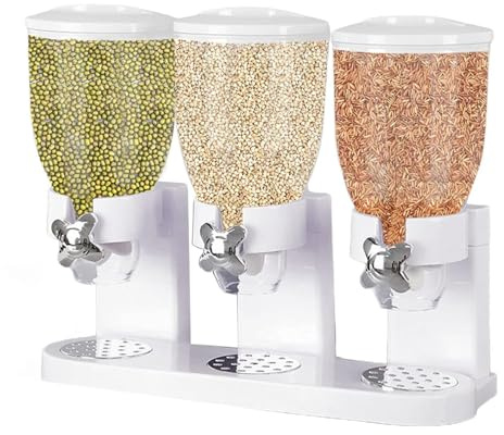 Fesatccoz Triple Cereal Dispenser, 6L Large Capacity Dry Food Dispenser with Portion Control Rotary Knob, Airtight Food Storage Container for Rice, Nuts, Candy, Beans, Granola, Pet Food,white