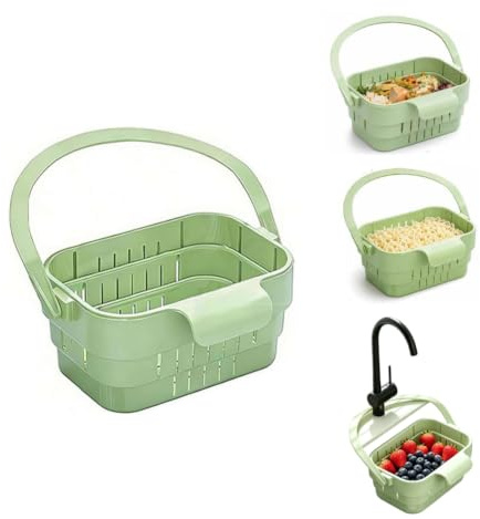 Foldable Hanging Sink Drain Basket Stretchable Kitchen Colander with Flip Cover Space Saving Food Strainer, Multi-Functional Faucet Storage Rack Draining for Fruits Vegetables Utensils