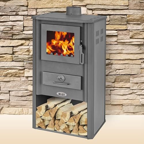 STUFA A LEGNA “OGANJ” GRIGIO in acciaio potenza 8-9 KW con portalegna