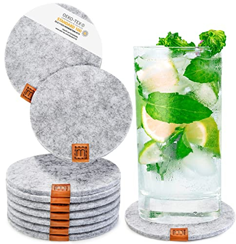 Miqio® Design Glass Coaster - Felt and Leather - Coasters Set of 10 for Drinks with Genuine Leather Appliqué - Easily Washable and Sound Absorbing Cup Mats