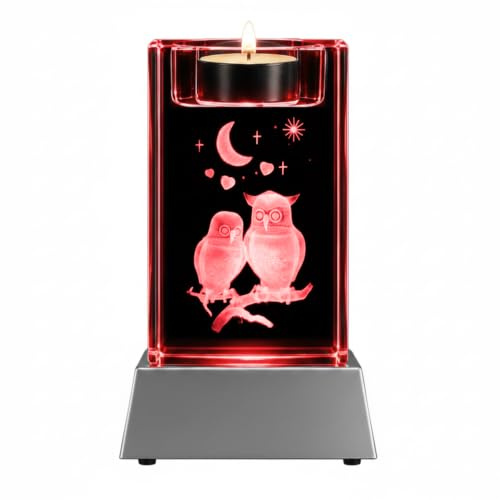 Kaltner Präsente Stimmungslicht LED Kerze/Kristall Glasblock / 3D-Laser-Gravur/Eulen Nachtlicht, Ich Liebe Dich Geschenke für Frauen, Jahrestag, Teelichthalter Eule