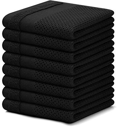 Homaxy Lot de 8 torchons à Vaisselle 100% Coton – 30,5 x 30,5 cm – Tissage gaufré, Super Doux et absorbants, séchage Rapide, Noir