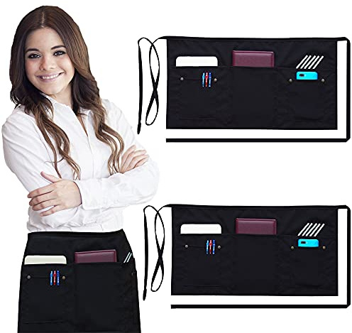 Brtex Server Aprons with 5 Pockets (2 Pack) – Commercial Grade Black Waist Aprons for Women Men – Restaurants Cafes Bars Home & Kitchen Apron 24x12 Fits Every Waist
