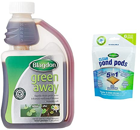 Blagdon Green Away for Ponds, Clears Green Water and Algae, Safe for Fish, 250ml & Clean Pond Pods, clears blanket weed, feeds aquatic plants, eats pond sludge, makes tapwater safe (pack of 6 pods)