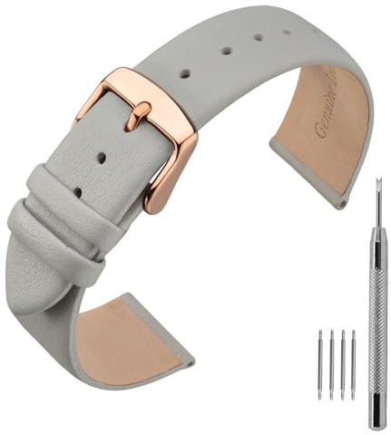 ANNEFIT Klockarmband i läder, armband 16 mm 18 mm 20 mm 22 mm, kompatibelt med intelligenta och traditionella klockor, Grå/roséguld spänne, 20mm, Bälte