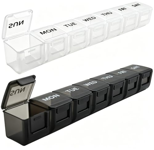2 Pack Weekly Pill Organizer, Large 7 Day Pill Case, Daily Vitamin Case Medicine Box, AM/PM Pill Containers for Medicine Supplements Fish Oil（White & Black）