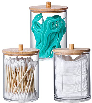 MKLZ 3 Pcs Qtip Holder and Cotton Round Pad Dispenser with Bamboo Lid, Small Clear Acrylic Containers for Cotton Swab/ball, Apothecary Jars Set for Bathroom/Restroom/Vanity/Makeup Storage Organizer