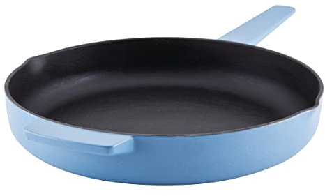 KitchenAid Enameled Cast Iron Frying Pan/Skillet with Helper Handle and Pour Spouts, 12 Inch, Blue Velvet