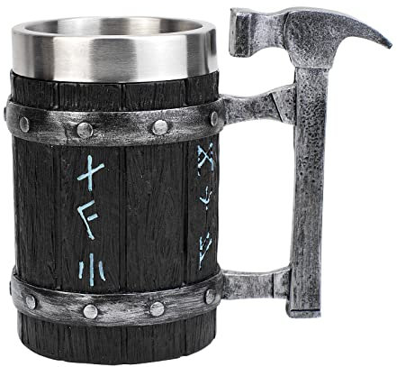 KTOTKMOTA Nordic Viking Rune Hammer Mug, Stainless Steel Liner Resin Beer Tankard Stein, Norse Decor Imitation Wood Coffee Milk Juice Cup Men's Gift 20OZ