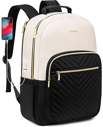 LOVEVOOK Laptop Backpack Womens, Large 17 Inch Rucksack Bag for Women,School College Travel University Back Pack, Waterproof Work Bags with USB Charging Port, Ladies Backpacks, Black Beige