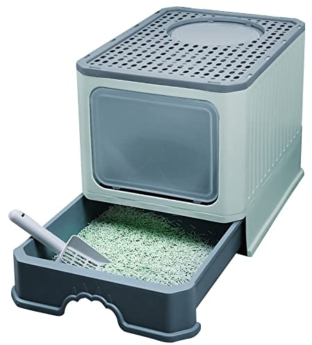 Bandeja de arena para gatos, gran casa de aseo para gatos plegable con tapa, bandeja de cajón y pala para caña, portátil, WC para gatos con tapa para grandes y pequeños (51 x 41 x 38 cm), color verde