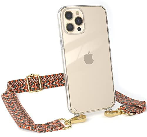 EAZY CASE Handykette - Verstellbares Taschenband kompatibel mit iPhone 12 Pro Max, Schulterriemen, Handykordel mit Silikon Hülle, Umhängetasche, Orange Grün Gold
