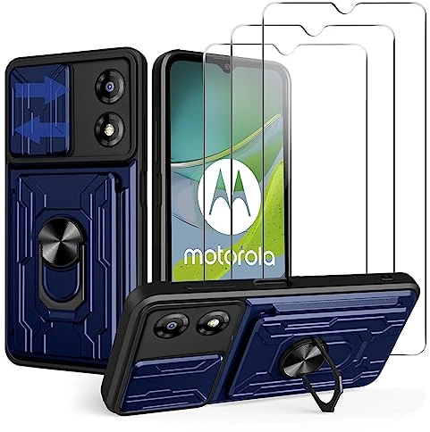 KZIOACSH Funda para Motorola Moto e13 + 3× Cristal Templado,[Tapa Deslizante para la cámara] Anti-Choque con 360 Grados Magnetic Anillo Hard PC y Silicona TPU Bumper antigolpes Case,Azul