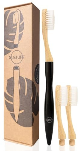 Sustuff | 3 Bamboo Toothbrushes with Soft Plant-Based Bristles | Reusable, Recycled and Plastic-Free Handle (Eclipse Black) Travel Toothbrush
