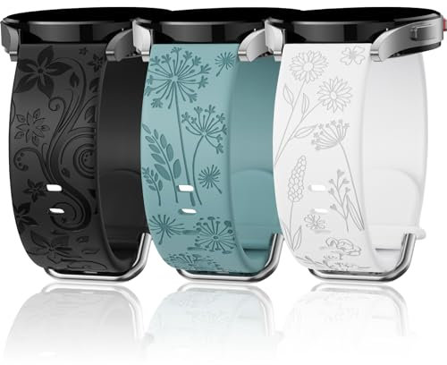 Floral Gravierte Armband Kompatibel mit Samsung Galaxy Watch 7/ FE/ 6/5/ 4/ Active 2 40mm 44mm/ 5 Pro 45mm/ Watch 6/4 Classic 43mm 47mm 42mm 46mm, 3 Stück 20mm Silikon Ersatzarmband für Damen BWP