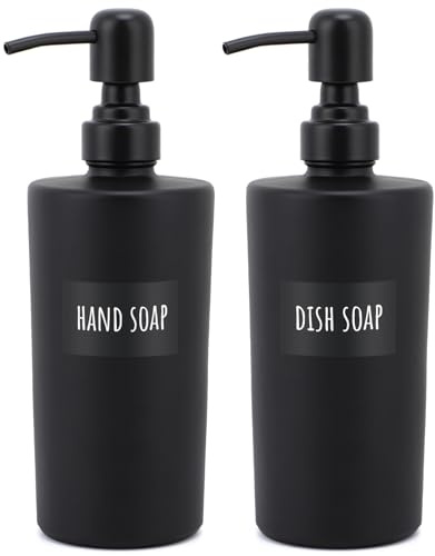 Segbeauty Seifenspender Schwarz, 2 Stück 450ml Seifenspender Glas, Shampoo Flaschen zum Befüllen, mit Etiketten, Pumpflasche Glas für Badezimmer, Küche