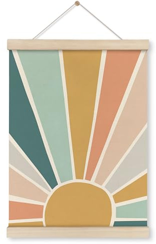 HRQKO Boho Sunshine Poster Hanger Frame, Boho Nursery Decor, Colorful Sun Wall Art With Wooden Frames, Bohemian Sun Rainbow Wall Hanging Banner Decor for Nursery Baby Girl Girls Room, 12x16 Inch