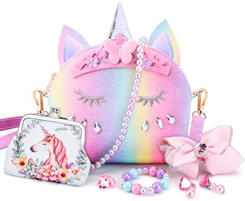 JYPS Einhorn Geldbörse für kleine Mädchen, 7Pcs niedliche Kinder Geldbörse Crossbody Taschen mit Kinder Dress Up Schmuck Set Pretend Play Zubehör, Geburtstagsgeschenke Einhorn Geschenke Spielzeug