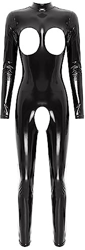 Aislor Body da Donna in Pelle Wetlook Overall Jumpsuit Hot per Sesso Leotard Catsuit Bodysuit Manica Lunga Lingerie Erotico Tuta Intera per Discoteca Clubwear A Nero M