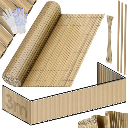 KESSER® Recinzione Privacy in PVC - 160 x 300 cm, Rivestimento per Balconi, Frangivento, Doghe Rinforzate per Giardini, Balconi e Terrazze, incl. Fascette e Copertura, bambù