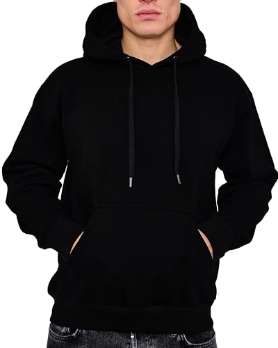 LABEL APPAREL Mens Pullover Fleece Hoodie 300GSM Sweatshirt Plain Hoody Work Hooded Jumper Ribbed Cuff Long Sleeve Pull Over Top