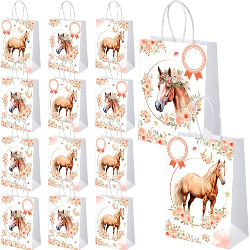 Nezyo 10 Stück Pferde Party Taschen Papiertüten mit Henkel, 21 x 15 x 8 cm | Geschenktüten, mit Namensanhänger, Pferd Geburtstag Geschenktaschen, Gastgeschenke Tüten, Mitgebseltüten