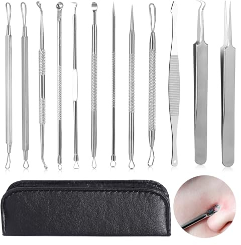 12 Stück Mitesserentferner Set, Pickel Ausdrücken Werkzeug, Edelstahl Komedonenquetscher mit Pinzette und PU Tasche für Nasen Gesichtspflege