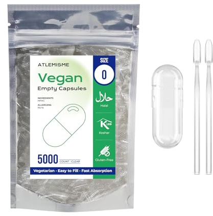ATLEMISME Cápsulas Vacías Vegetales de HPMC - Tamaño 0, 5000 Unidades, Sin Gluten, Sin OGM, Veganas, Ideales para Suplementos de Vitaminas y Minerales