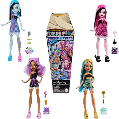 Monster High Buried-Secrets-Puppen und Accessoires, Cozy-Creepover-Thema mit geheimnisvoller Puppe und 5 Überraschungen beim Auspacken (Figuren können variieren), HYV64