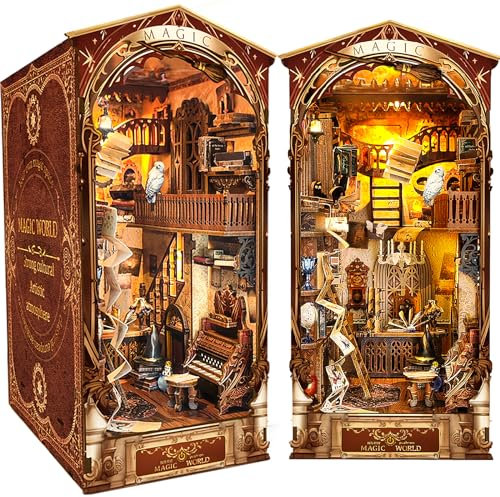 BuzzoXerex DIY Miniature House, DIY Book Nook Kit mit Staubschutzhaube, Miniatur Haus mit LED-Leuchten, 3D Puzzles Holz für Bücherregal Deko und Kreativen Geschenken (Magische Welt)