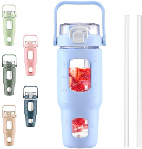 BLUEGO 960ml Glass Water Bottles with Straw Time Marker Half Gallon Large Motivational Water Bottle with Silicone Sleeve 0.96 Liter Large Glass Water Jug for Gym, Sports& Workout, Daily, Light Blue