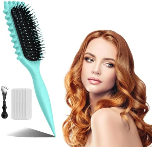 Lockenbürste Curl Defining Brush Grün Curling Hair Brush Curl Define Styling Brush mit Reinigungsnetz und Reinigungskrallen Zum Kämmen Offener Knoten Stylen von Lockigem Haar mit Griff