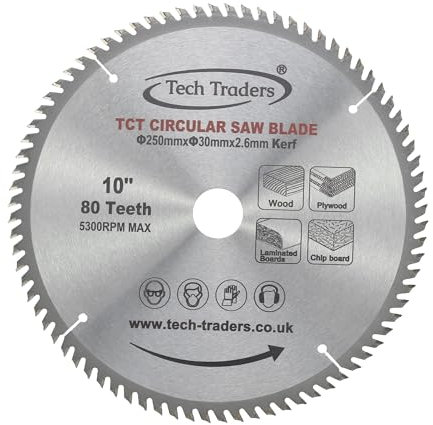 Tech Traders TCT Circular Wood Saw Blade 250mm x 30mm x 80T for Bosch, Makita etc fits 255mm saws