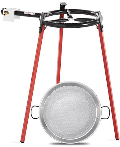 Paella Cooking Set with Polished Steel Paella Pan, Gas Burner, Legs and Skimming Spoon - Paellera Set for use at Home or Garden Outdoor Cooking (42cm Pan with 30cm Burner)